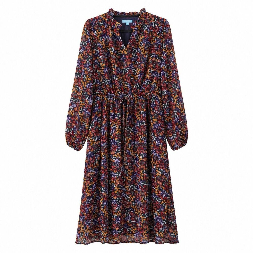 Draper James Womens XL Maxi Dress Navy Blue Colorful Micro Floral Sheer Sleeves